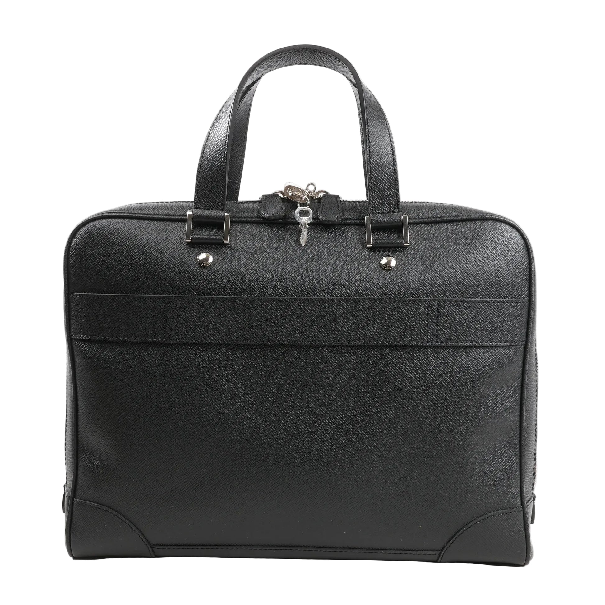 Louis Vuitton Porte-Documents Alexandre handbag M31162 in black Taiga leather, featuring dual top handles, silver-tone hardware, top zip closure with padlock and key, and a flat front pocket.