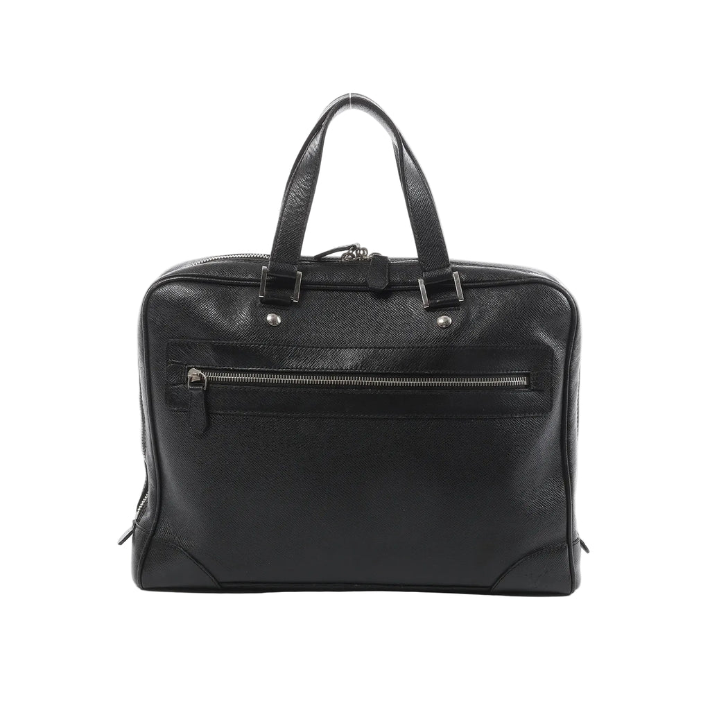 Louis Vuitton Alexander black Taiga leather briefcase with dual top handles, front zip pocket, and silver-tone hardware on white background