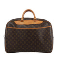 Brown Louis Vuitton Alize 24H Monogram canvas travel bag with tan leather top handles and trim, zip closure and large front pocket.
