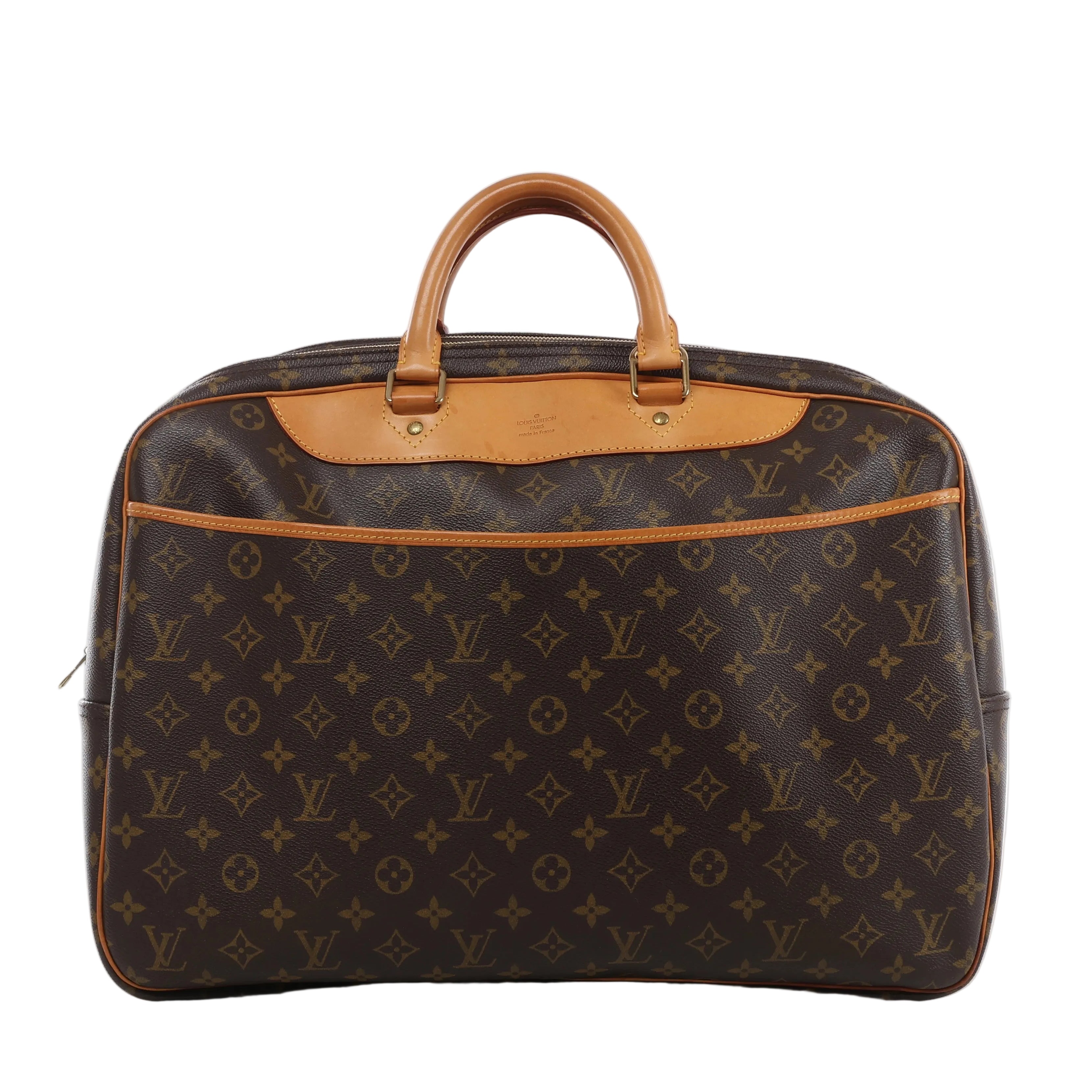 Brown Louis Vuitton Alize 24H Monogram canvas travel bag with tan leather top handles and trim, zip closure and large front pocket.