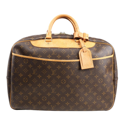 Louis Vuitton Alize 2 Poches travel bag in brown Monogram canvas with natural leather trim, dual top handles, exterior slip pocket, and luggage tag.