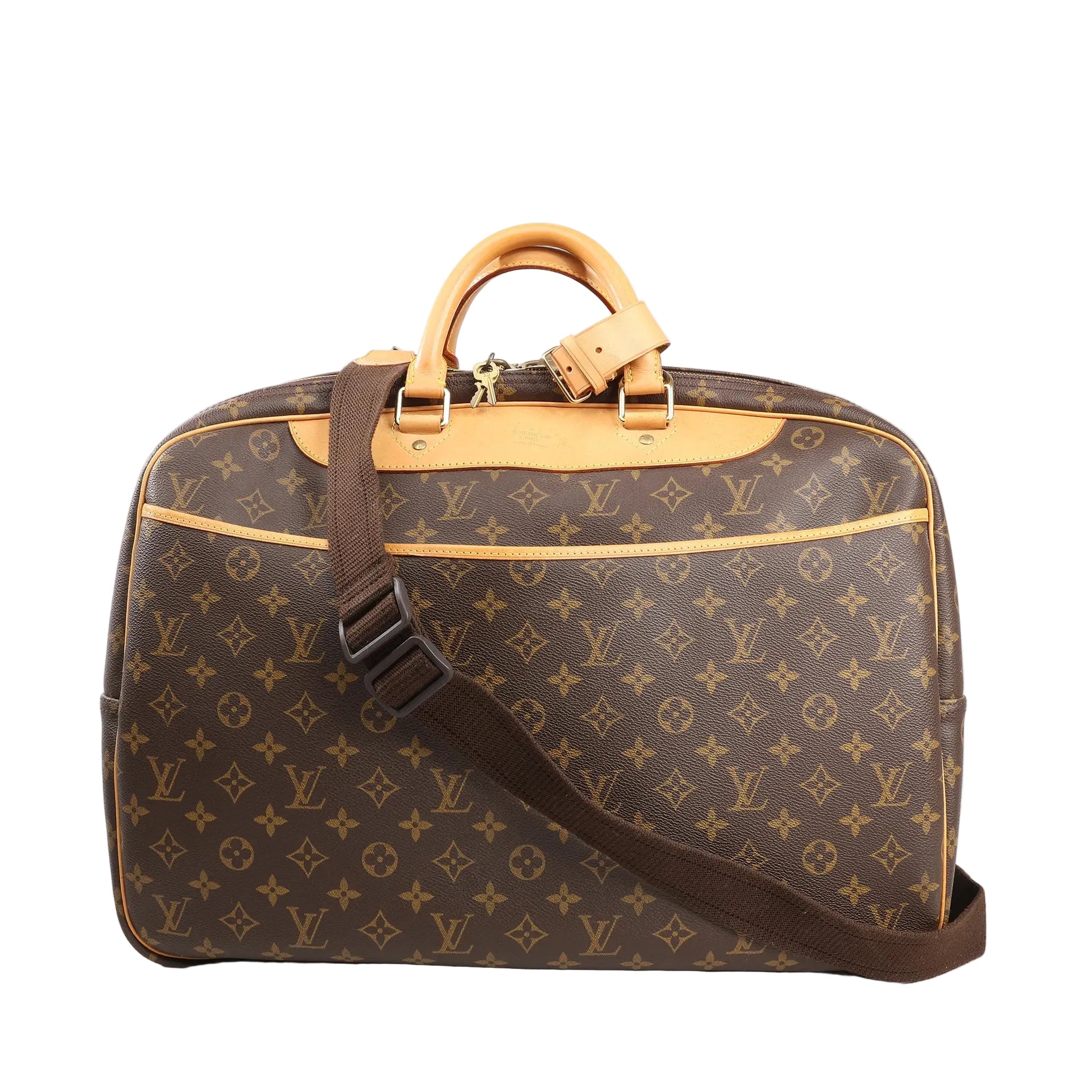 Louis Vuitton Alizé 2 Poches travel bag in brown Monogram canvas with dual top leather handles, adjustable brown shoulder strap, and gold-tone hardware, shown on a white background.