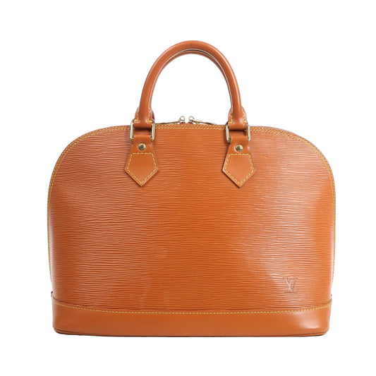 Front view of a Louis Vuitton Alma PM handbag in brown Epi leather featuring a structured silhouette, dual rolled handles, and gold-tone hardware.