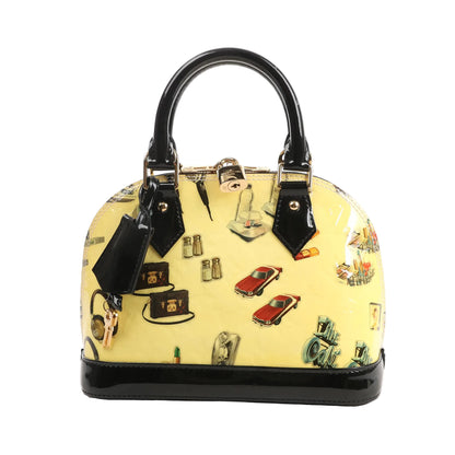 Louis Vuitton Alma BB Vernis handbag M50419 in glossy yellow patent leather featuring colorful vintage-style illustrations, black patent leather handles and trim, gold-tone hardware, padlock, and a structured dome silhouette.