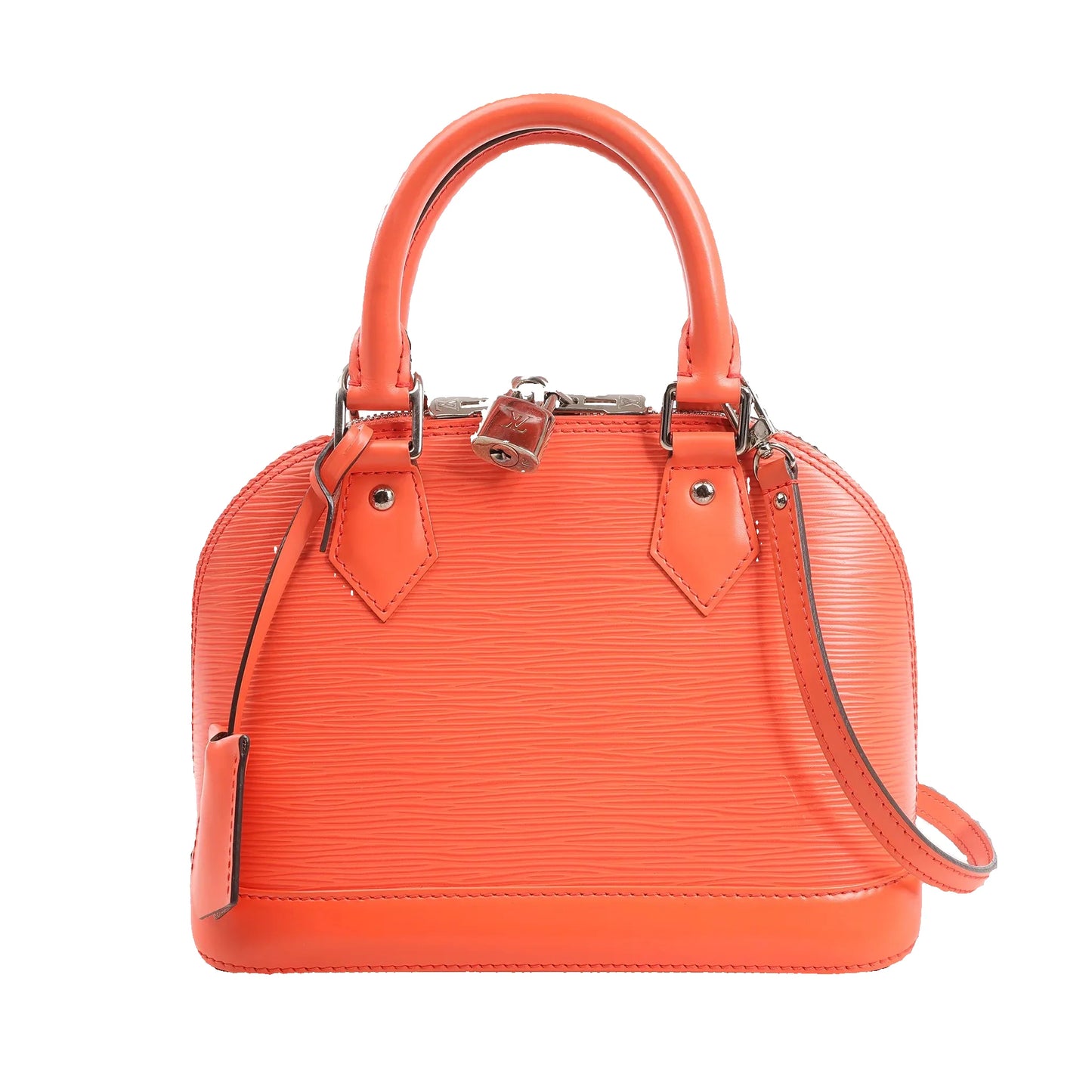 Louis Vuitton Alma BB Handbag M40854 in bright orange textured Epi leather with silver-tone hardware, dual top handles, detachable strap, and padlock detail.