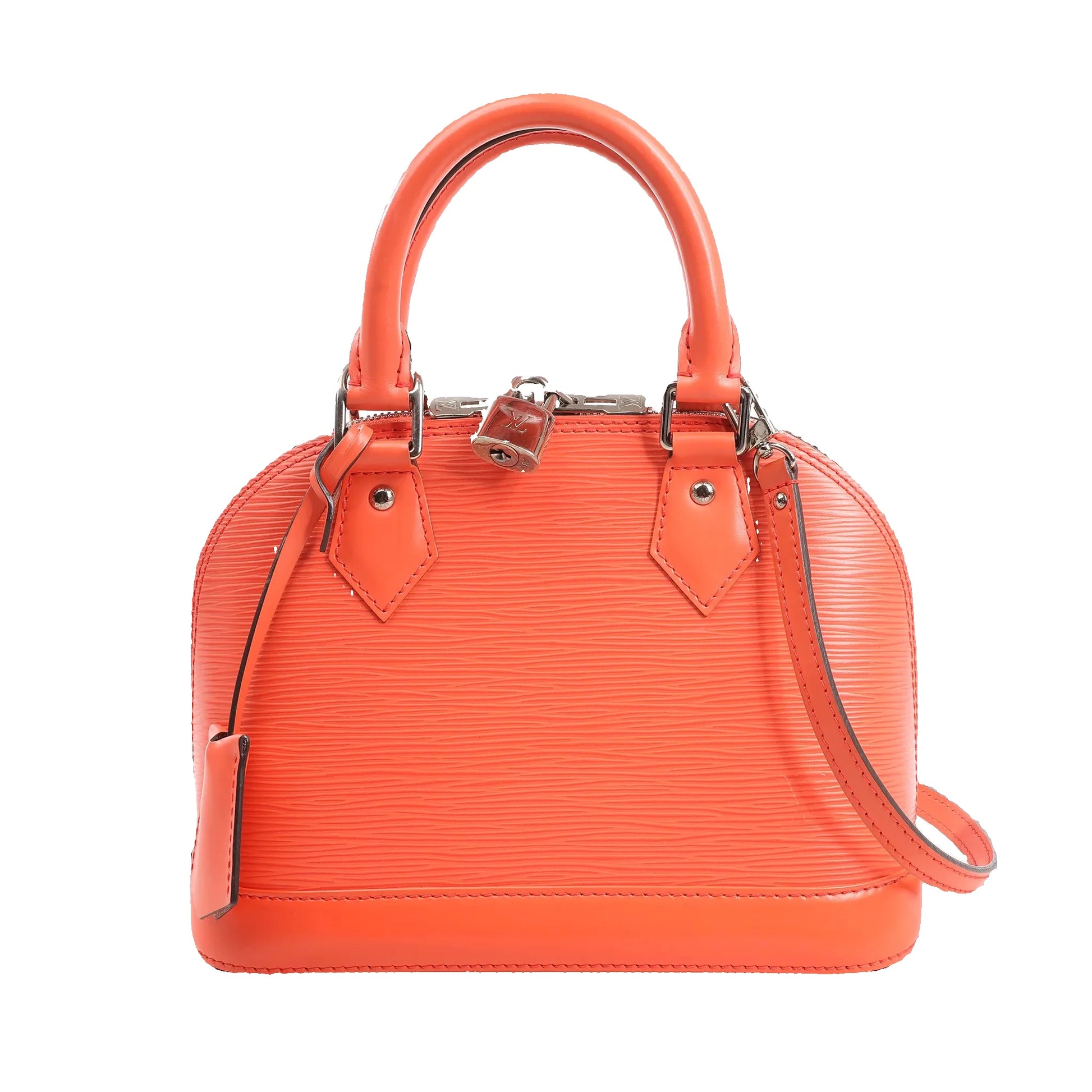 Louis Vuitton Alma BB Handbag M40854 in bright orange textured Epi leather with silver-tone hardware, dual top handles, detachable strap, and padlock detail.
