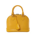 Louis Vuitton Alma BB yellow Epi leather handbag with top handles, silver-tone hardware, and hanging leather clochette, front view on white background.