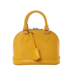 Louis Vuitton Alma BB yellow Epi leather handbag with top handles, silver-tone hardware, and hanging leather clochette, front view on white background.