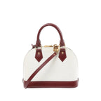 Louis Vuitton Alma BB white Epi leather handbag with burgundy leather trim, top handles, detachable shoulder strap, and zip-top closure, front view on white background.