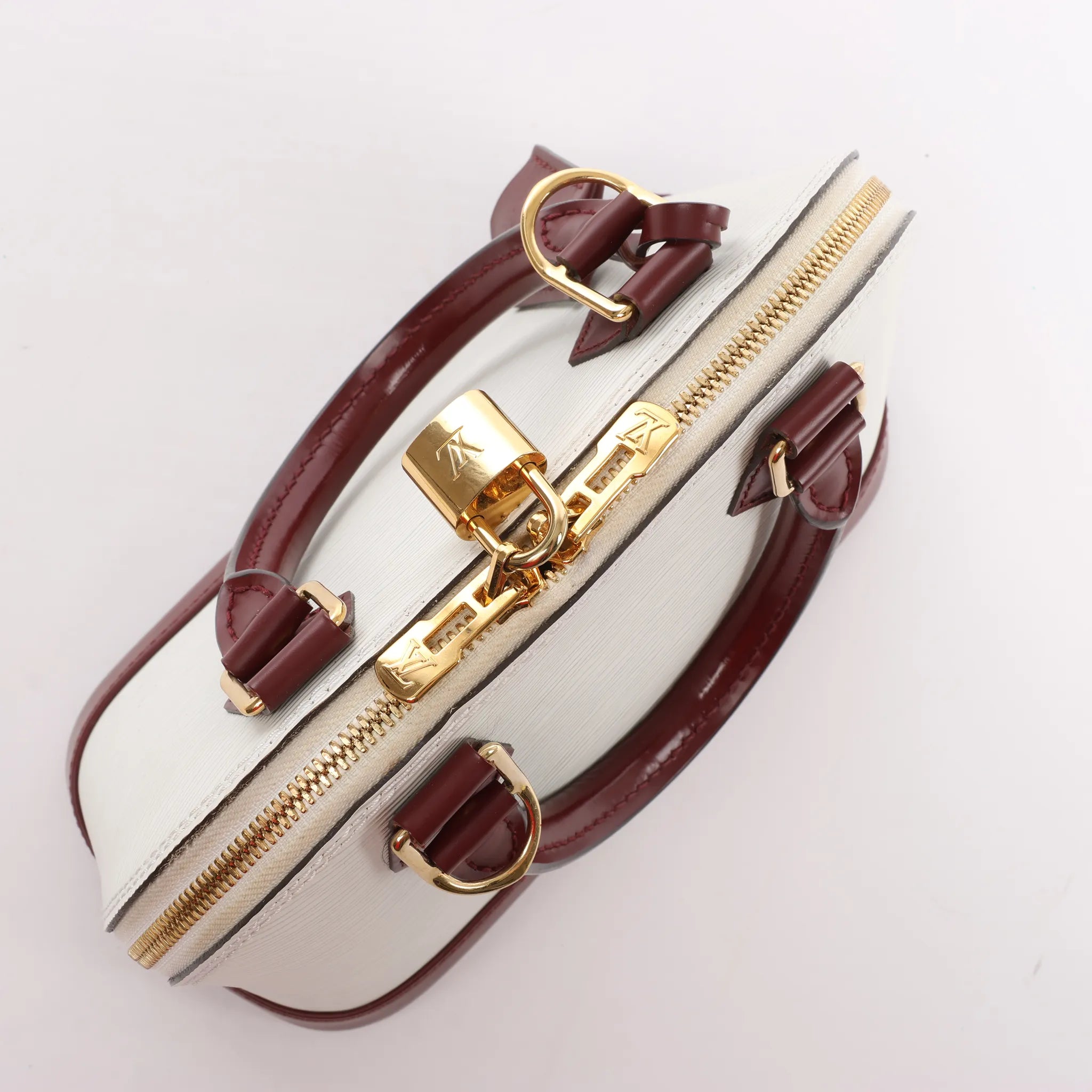 Louis Vuitton Alma BB Epi Leather 2Way Handbag in White x Burgundy M53589