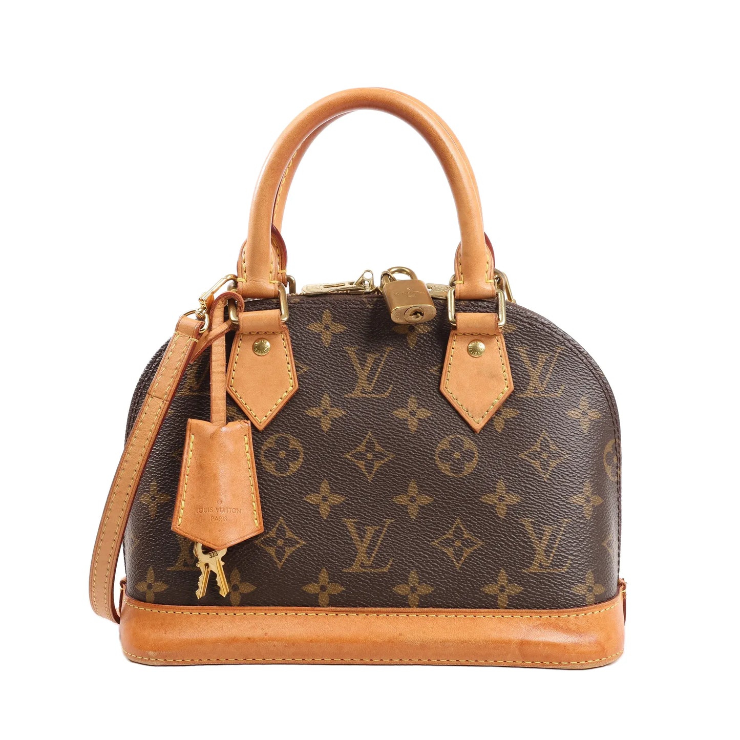 Louis Vuitton Alma BB 2Way handbag M53152 in brown Monogram canvas, featuring natural leather trim and handles, gold-tone hardware, top zip closure, padlock with keys, and a detachable shoulder strap.