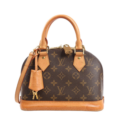 Louis Vuitton Alma BB 2Way handbag M53152 in brown Monogram canvas, featuring natural leather trim and handles, gold-tone hardware, top zip closure, padlock with keys, and a detachable shoulder strap.