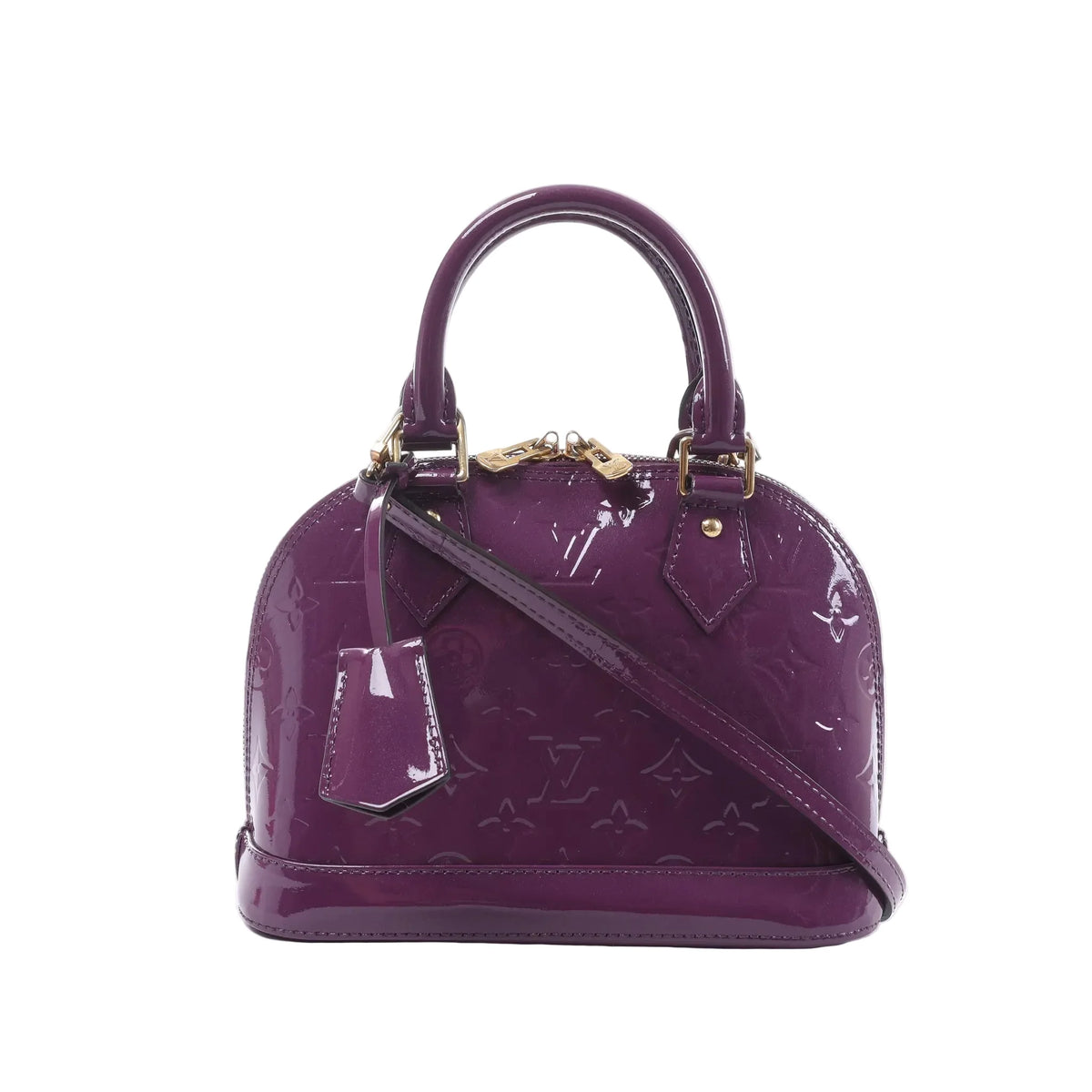 Louis Vuitton Alma BB handbag in glossy purple Monogram Vernis with rolled top handles, a slim shoulder strap, luggage tag and gold-tone hardware.