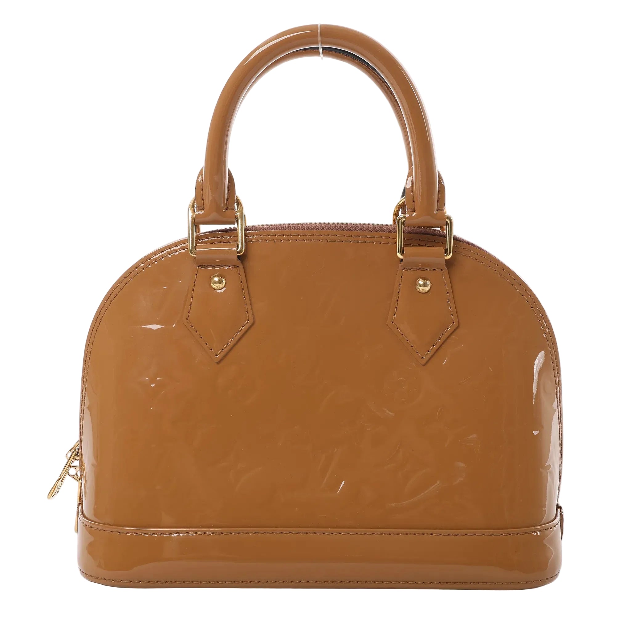 Louis Vuitton Alma BB handbag in glossy brown Monogram Vernis leather with dual top handles and gold-tone hardware on white background