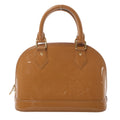 Louis Vuitton Alma BB handbag in glossy brown Monogram Vernis leather with dual top handles and gold-tone hardware on white background