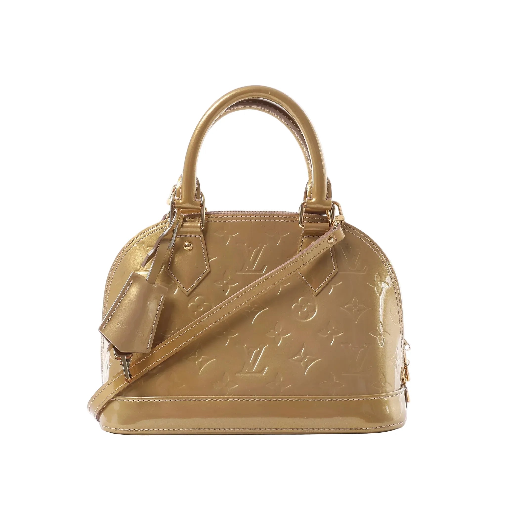 Louis Vuitton Alma BB handbag in gold Monogram Vernis with rolled top handles, detachable shoulder strap, luggage tag and gold-tone hardware.