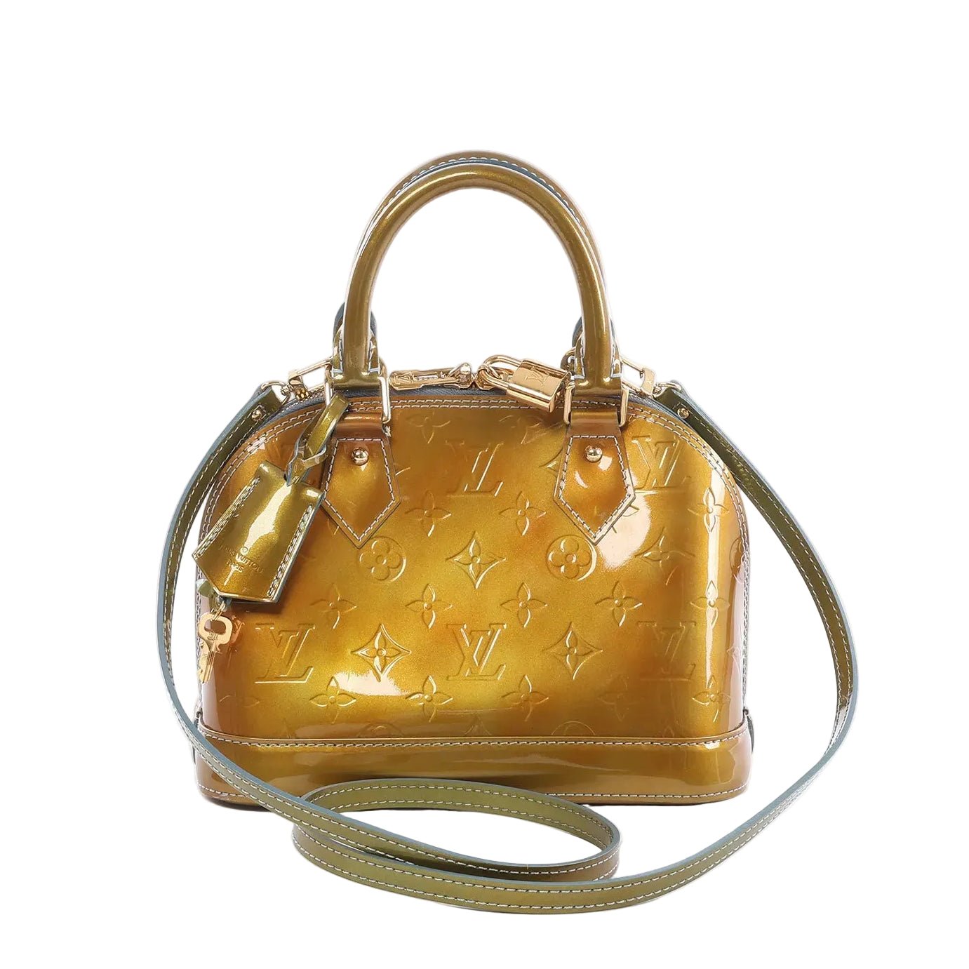 Louis Vuitton Alma BB gold Monogram Vernis handbag with embossed monogram, top handles, padlock and key, and detachable shoulder strap on white background