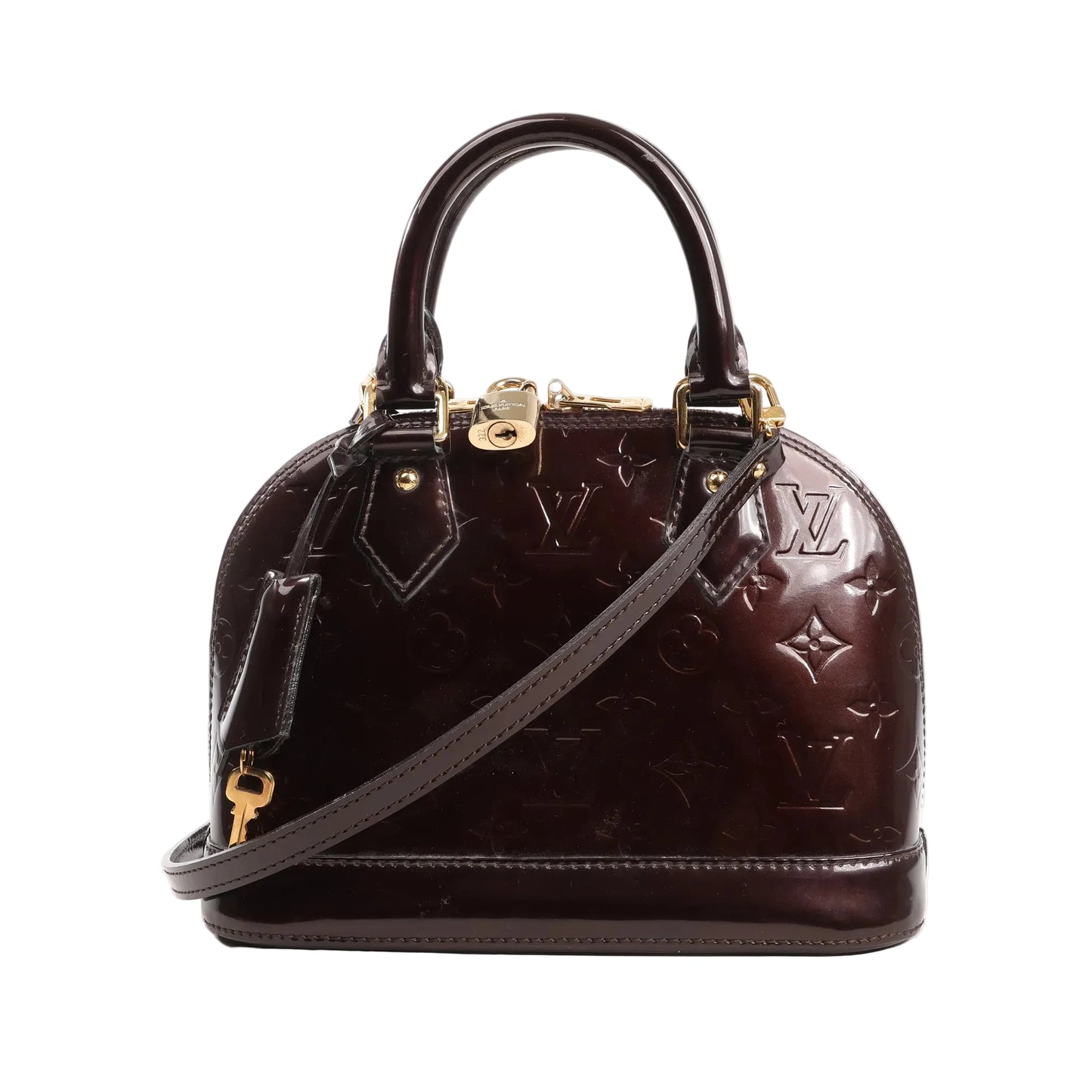 Louis Vuitton Alma BB handbag M91678 in dark purple Monogram Vernis patent leather, featuring dual top handles, detachable shoulder strap, gold-tone hardware, embossed monogram pattern, and padlock with matching key clochette.