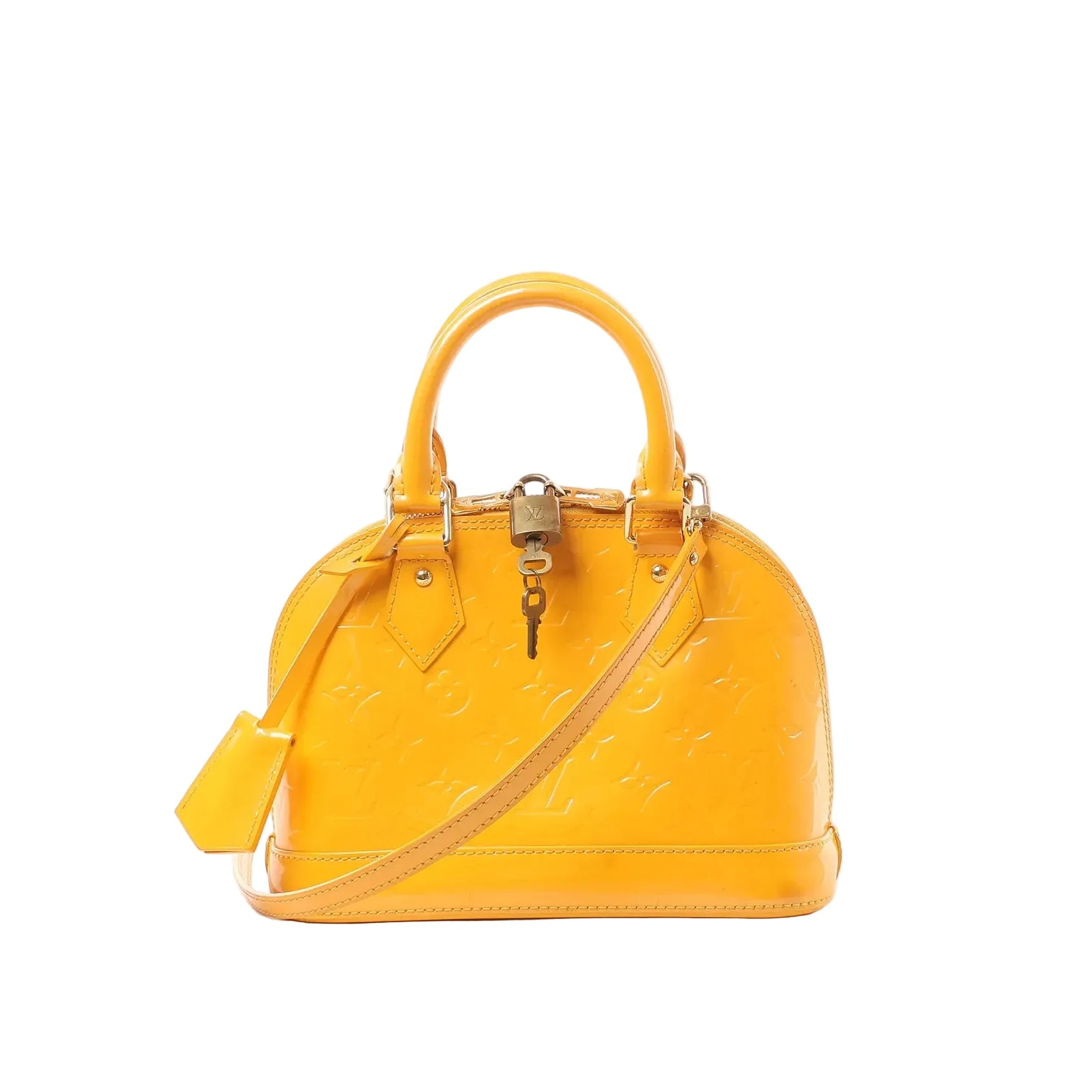 Yellow Louis Vuitton Alma BB Monogram Vernis patent leather handbag with embossed monogram, top handles, detachable shoulder strap, and padlock at the top zip.
