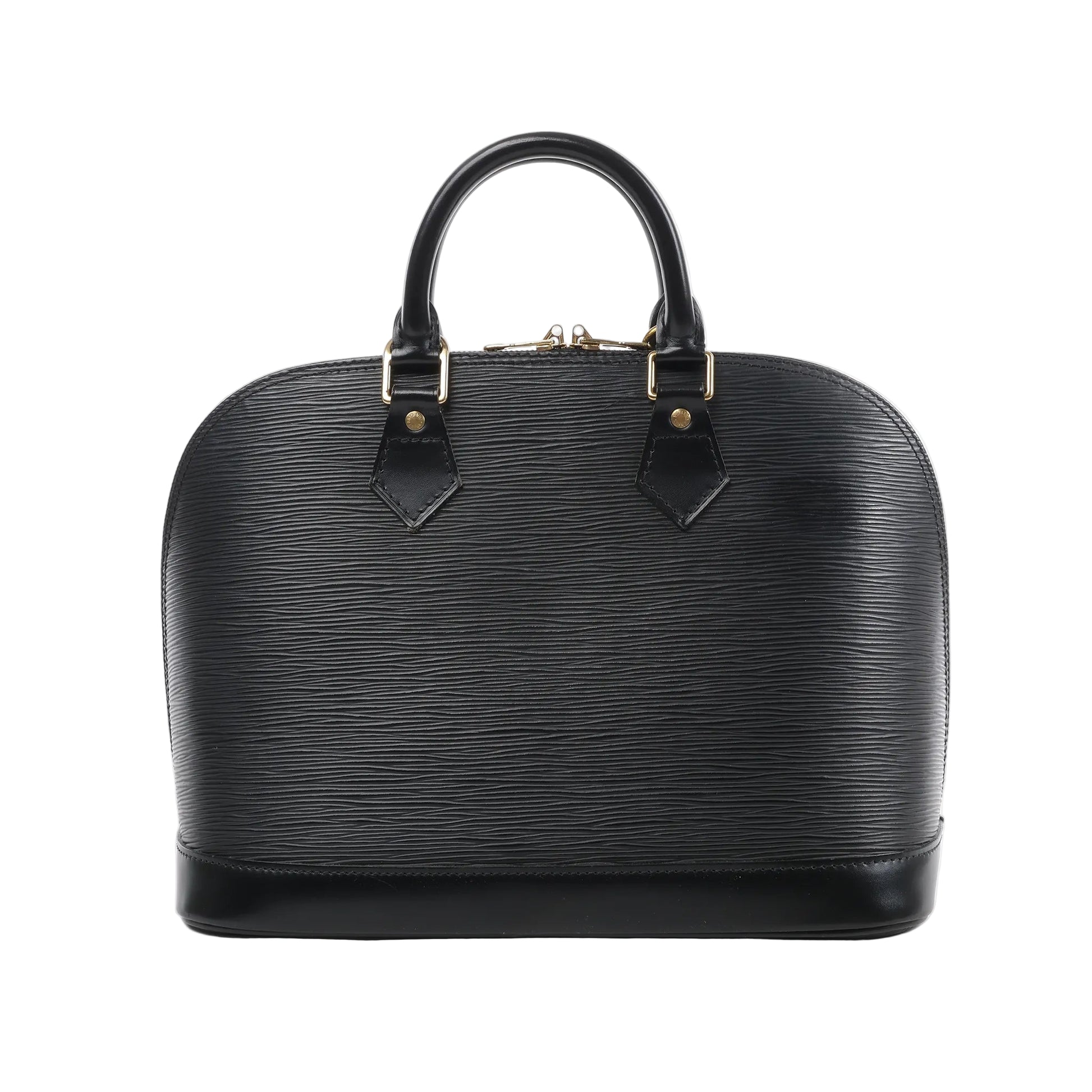 Louis Vuitton Alma handbag M40302 in textured black Epi leather with dual rolled handles, gold-tone hardware, and structured dome-shaped silhouette against a white background.