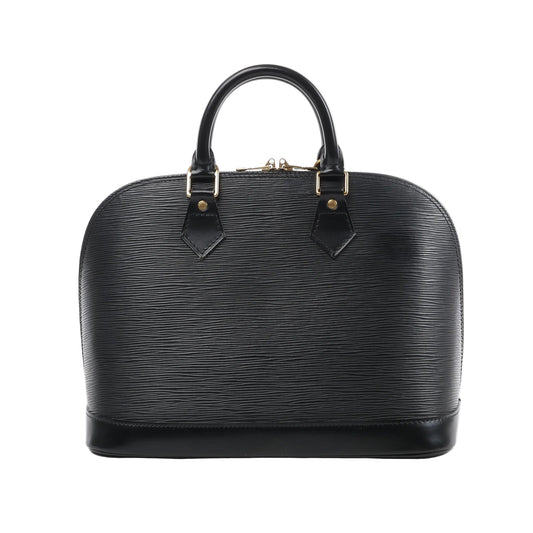 Louis Vuitton Alma handbag M40302 in textured black Epi leather with dual rolled handles, gold-tone hardware, and structured dome-shaped silhouette against a white background.