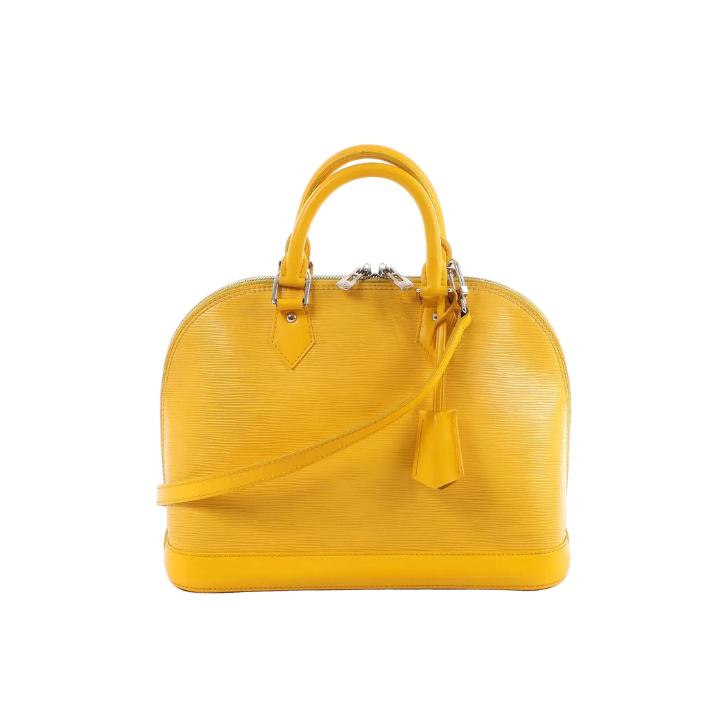 Front view of Louis Vuitton Alma PM handbag in yellow Epi textured leather with double top handles, detachable shoulder strap, and hanging leather clochette.