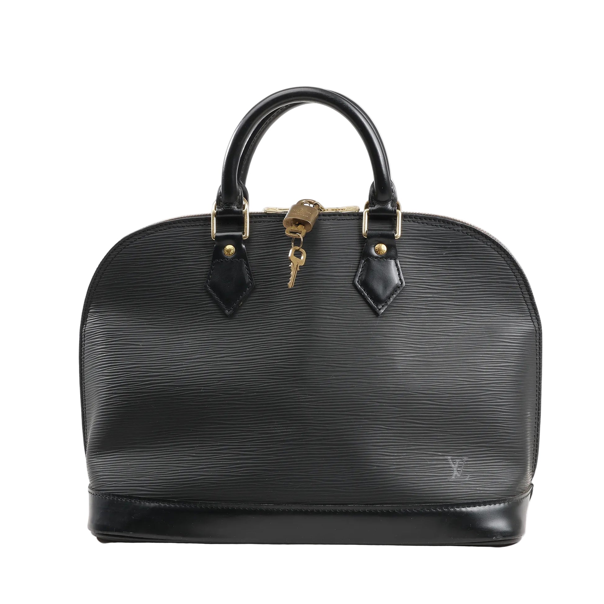 Louis Vuitton Alma PM handbag in black textured Epi leather with structured silhouette, gold-tone hardware, double top handles, and a padlock with key.