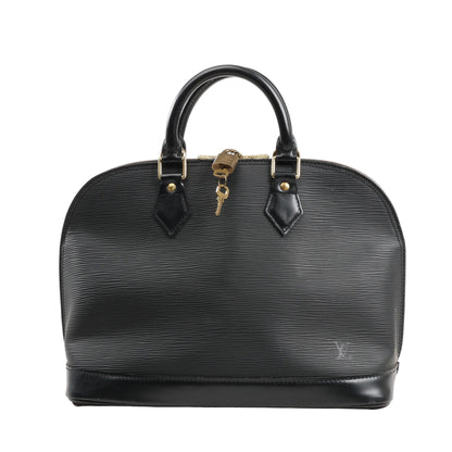 Louis Vuitton Alma PM handbag in black textured Epi leather with structured silhouette, gold-tone hardware, double top handles, and a padlock with key.