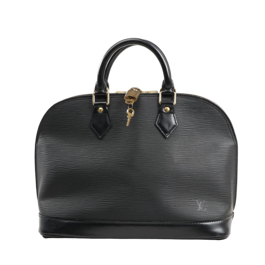 Louis Vuitton Alma PM handbag in black textured Epi leather with structured silhouette, gold-tone hardware, double top handles, and a padlock with key.
