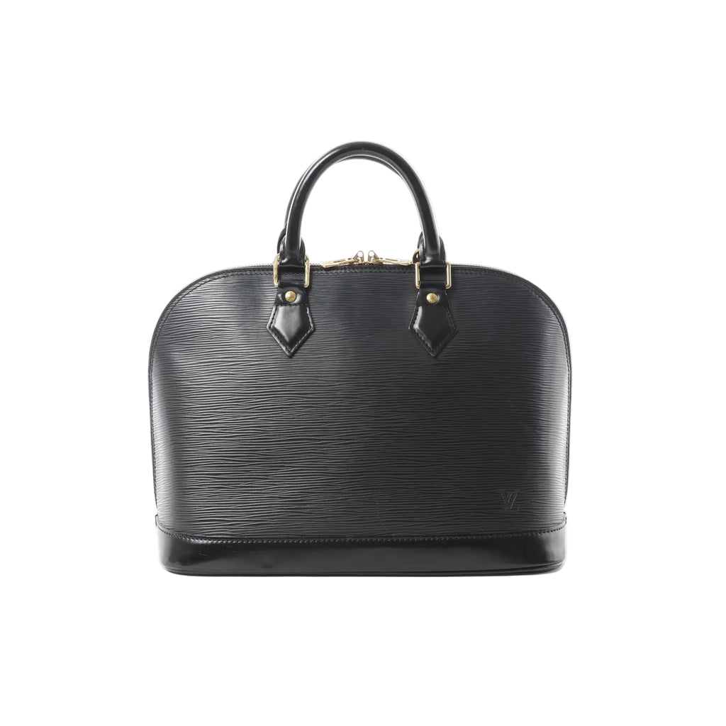 Black Louis Vuitton Alma PM handbag in textured Epi leather with double top handles, gold-tone hardware, and curved structured silhouette
