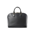 Black Louis Vuitton Alma PM handbag in textured Epi leather with double top handles, gold-tone hardware, and curved structured silhouette