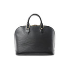 Black Louis Vuitton Alma PM handbag in textured Epi leather with double top handles, gold-tone hardware, and curved structured silhouette