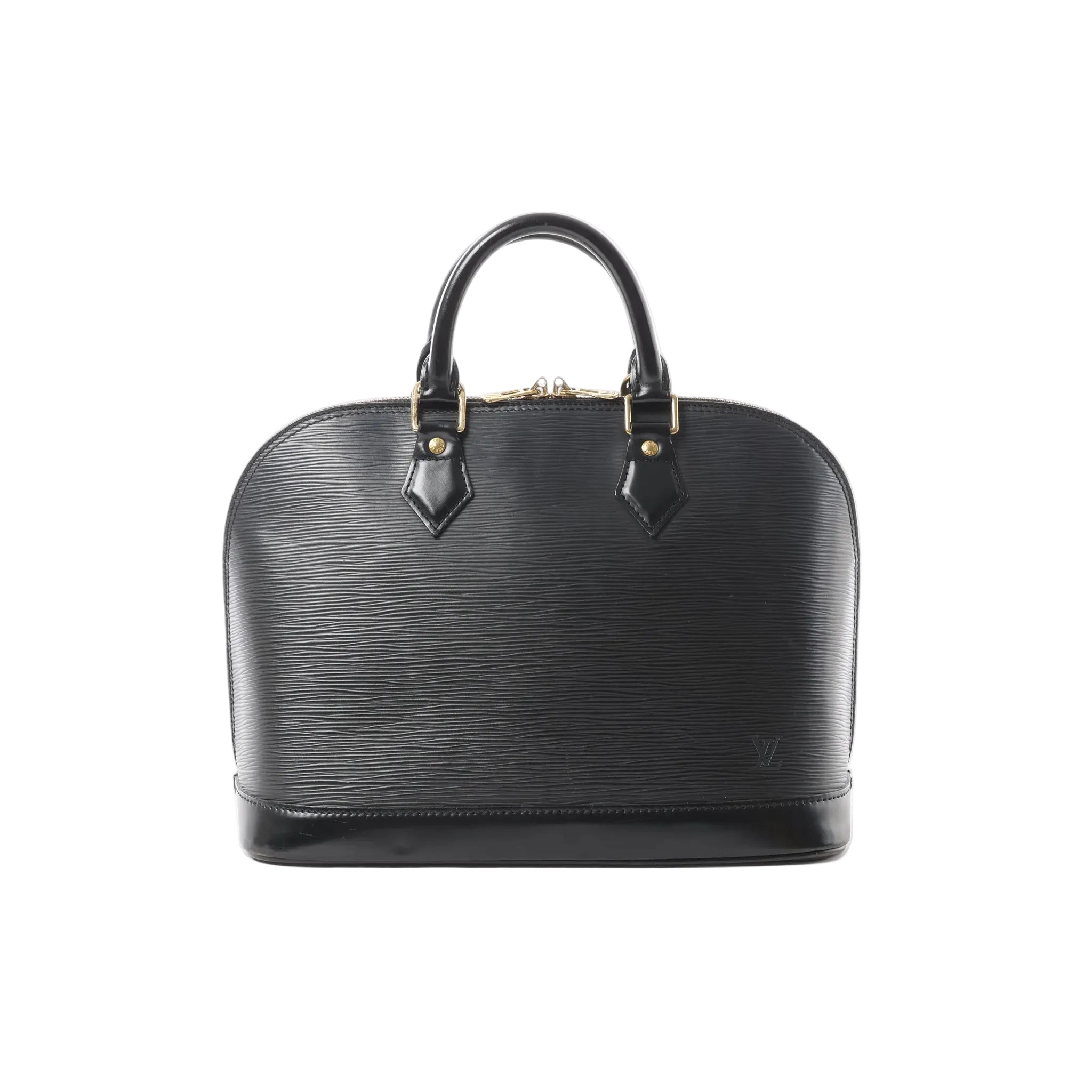 Black Louis Vuitton Alma PM handbag in textured Epi leather with double top handles, gold-tone hardware, and curved structured silhouette