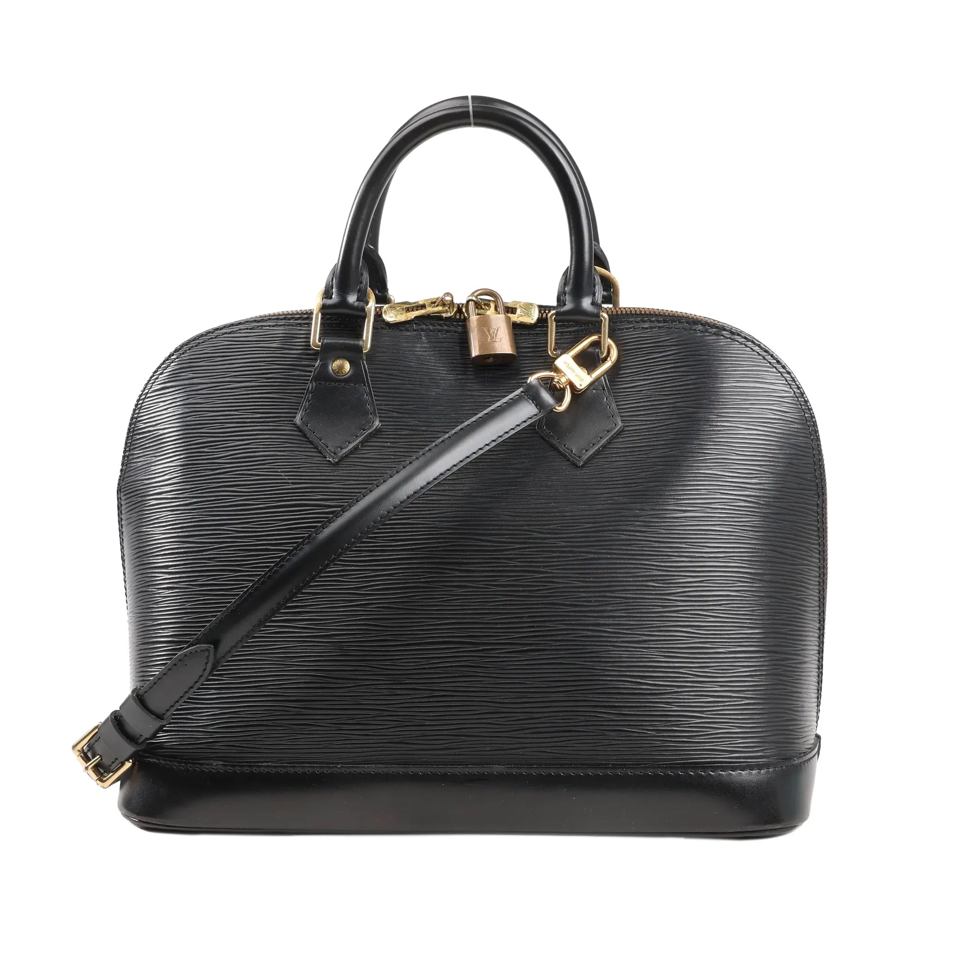 Louis Vuitton Alma PM 2Way Handbag M52142 in black textured Epi leather with structured dome silhouette, top handles, detachable shoulder strap, and gold-tone padlock hardware.