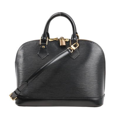 Louis Vuitton Alma PM 2Way Handbag M52142 in black textured Epi leather with structured dome silhouette, top handles, detachable shoulder strap, and gold-tone padlock hardware.