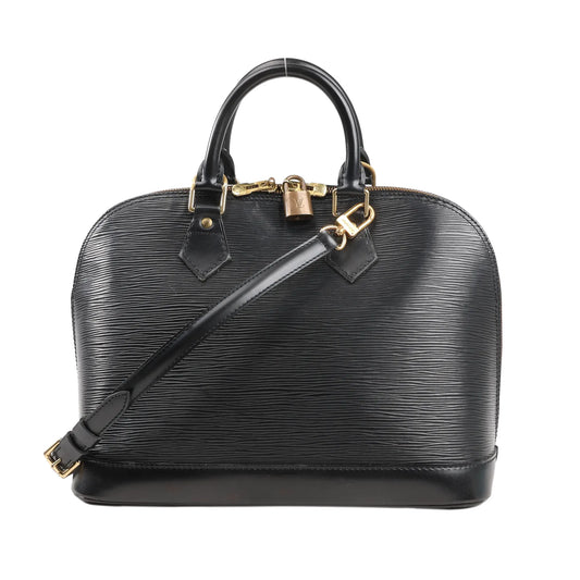 Louis Vuitton Alma PM 2Way Handbag M52142 in black textured Epi leather with structured dome silhouette, top handles, detachable shoulder strap, and gold-tone padlock hardware.