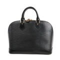 Louis Vuitton Alma PM handbag in black Epi leather with signature textured finish, rounded top handles, structured shape, and gold-tone hardware.