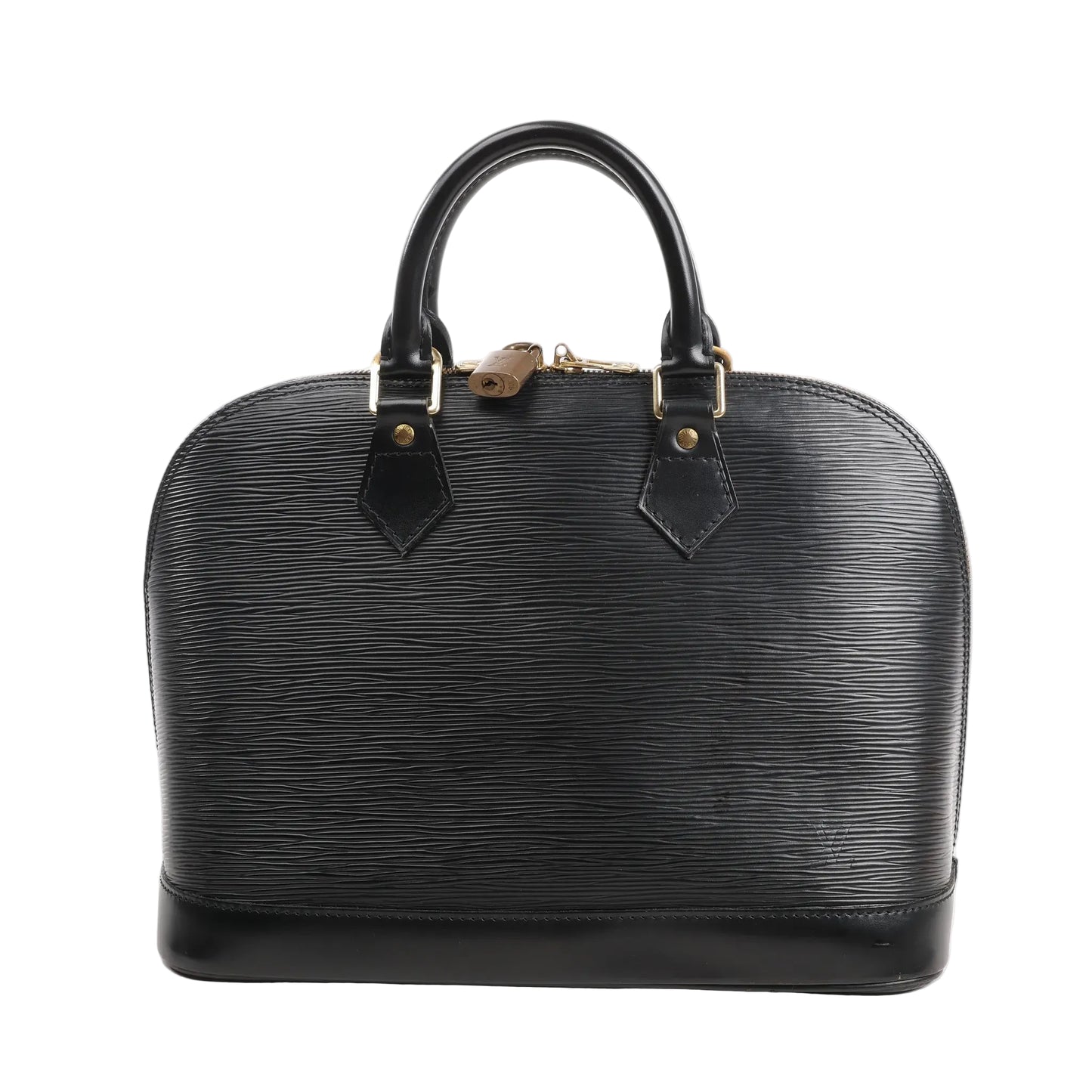 Louis Vuitton Alma PM handbag in black Epi leather with signature textured finish, rounded top handles, structured shape, and gold-tone hardware.