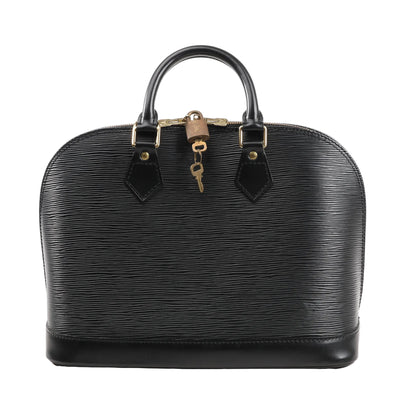 Louis Vuitton Alma PM handbag in black Epi leather featuring a textured finish, structured dome shape, dual rolled handles, gold-tone lock and key detail. Model M52142.