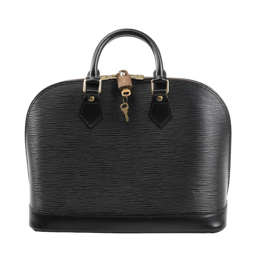 Louis Vuitton Alma PM handbag in black Epi leather featuring a textured finish, structured dome shape, dual rolled handles, gold-tone lock and key detail. Model M52142.