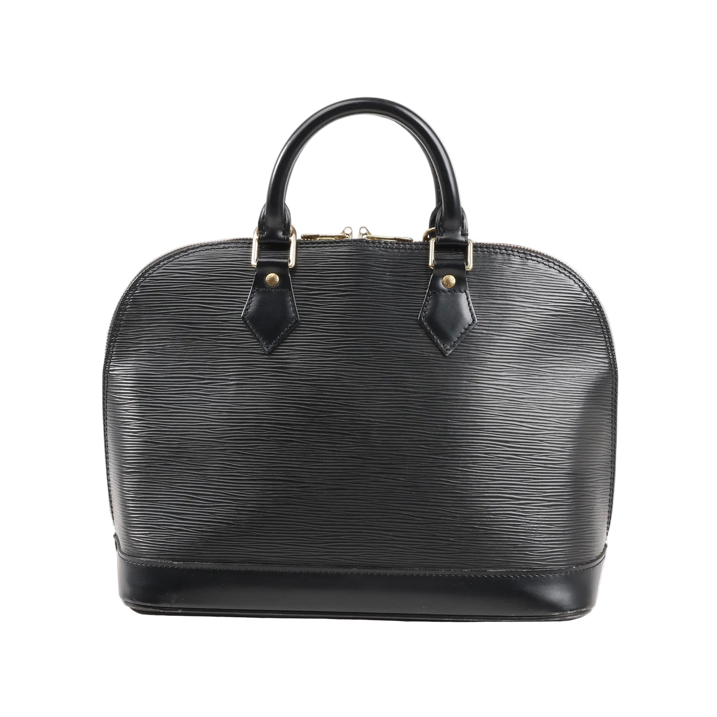 Front view of a Louis Vuitton Alma PM handbag in black Epi leather with dual rounded top handles, smooth leather base and trim, and gold-tone hardware. Structured and classic design.