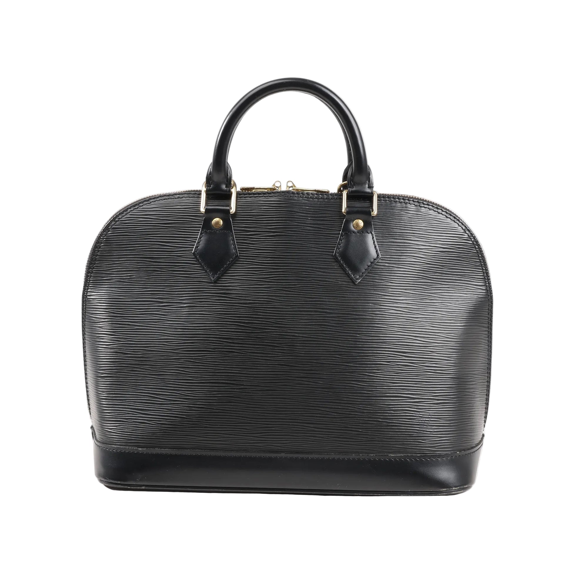 Front view of a Louis Vuitton Alma PM handbag in black Epi leather with dual rounded top handles, smooth leather base and trim, and gold-tone hardware. Structured and classic design.
