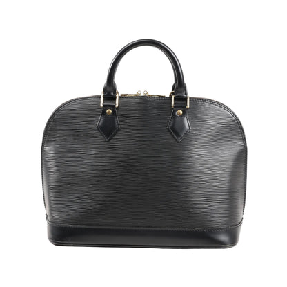 Front view of a Louis Vuitton Alma PM handbag in black Epi leather with dual rounded top handles, smooth leather base and trim, and gold-tone hardware. Structured and classic design.