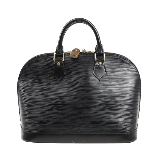 Louis Vuitton Alma PM handbag M52142 in black textured Epi leather with dual rolled handles, gold-tone hardware, and structured dome shape.