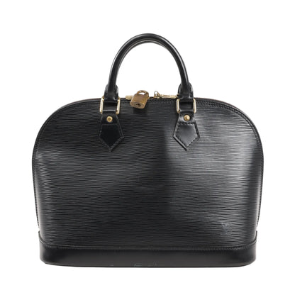 Louis Vuitton Alma PM handbag M52142 in black textured Epi leather with dual rolled handles, gold-tone hardware, and structured dome shape.