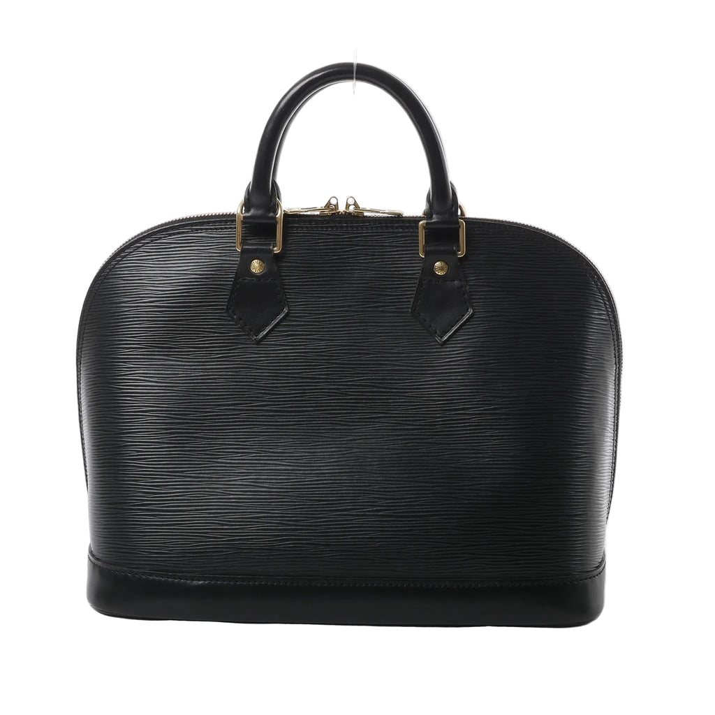 Louis Vuitton Alma PM handbag in black Epi textured leather with top handles, gold-tone hardware, and zip-top closure on a white background.