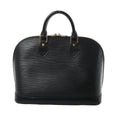 Louis Vuitton Alma PM handbag in black Epi textured leather with top handles, gold-tone hardware, and zip-top closure on a white background.