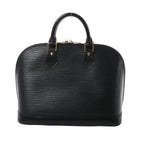 Louis Vuitton Alma PM handbag in black Epi textured leather with top handles, gold-tone hardware, and zip-top closure on a white background.