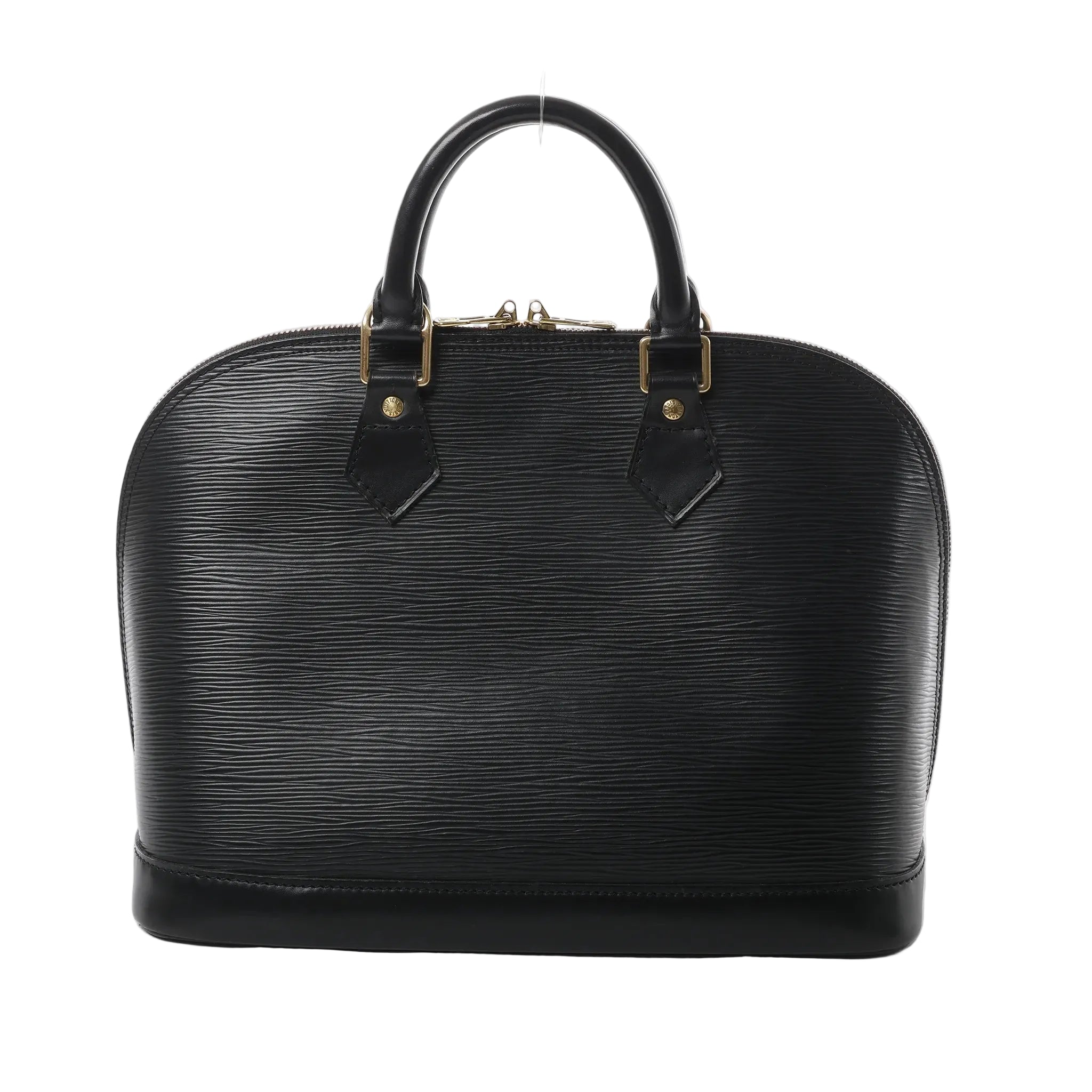 Louis Vuitton Alma PM handbag in black Epi textured leather with top handles, gold-tone hardware, and zip-top closure on a white background.