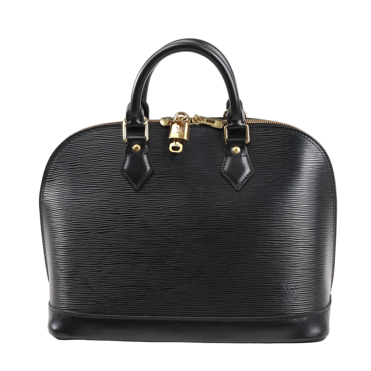 Front view of a Louis Vuitton Alma PM handbag in black Epi leather, featuring dual rolled handles, gold-tone hardware, signature padlock, and structured silhouette with subtle LV embossing near the base.